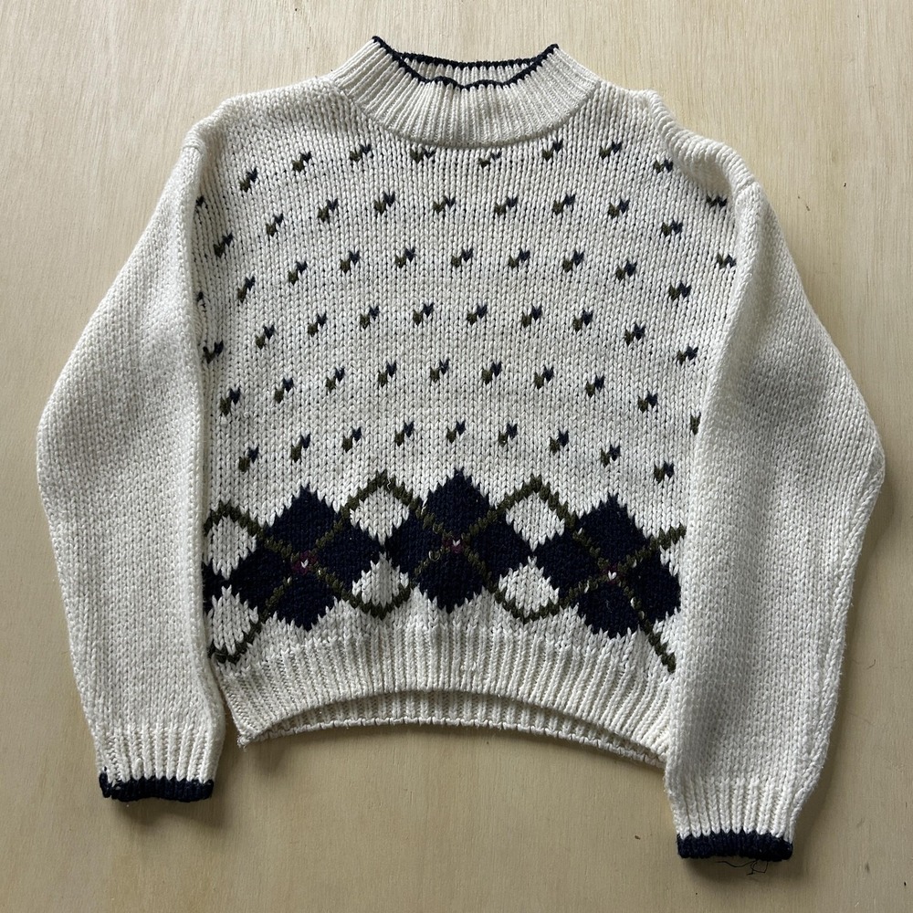 Vintage Currants Sweater Womens Large White Mock Neck Argyle Chunky-Knit Preppy